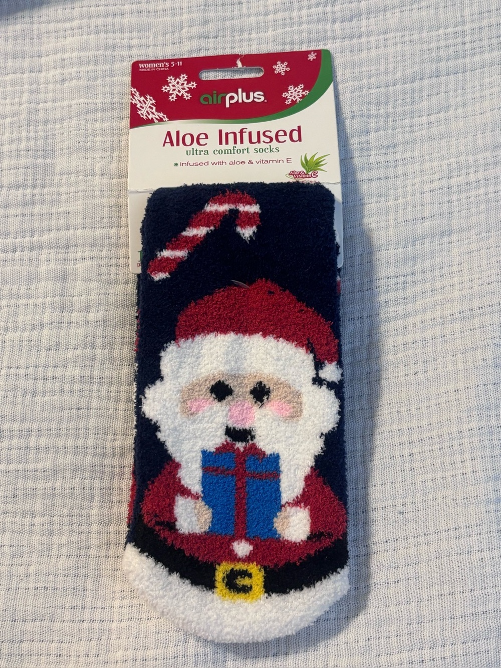 Airplus Aloe Infused Santa Fuzzy Socks - Navy, Red, White